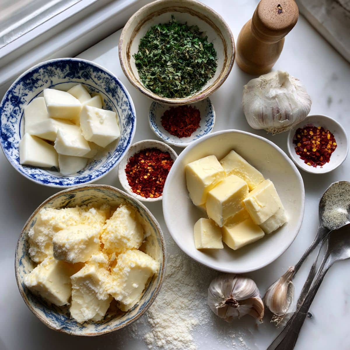 Overhead photo of Pillsbury biscuits, mozzarella cubes, butter, garlic, and herbs.