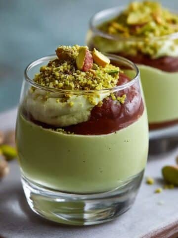 Pistachio mousse layered with chocolate and topped with crushed pistachios in clear glass cups.