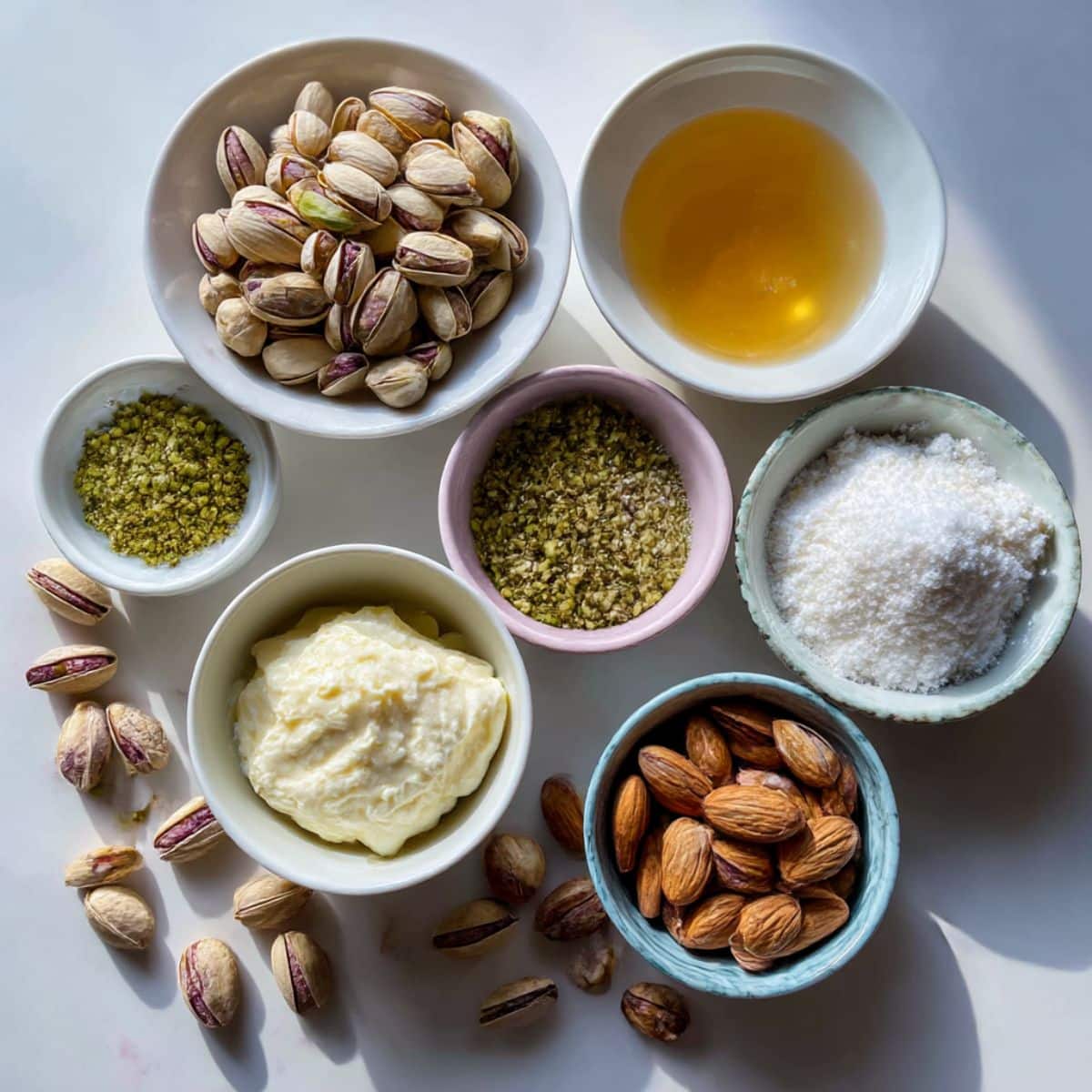 Ingredients for homemade pistachio mousse arranged on a kitchen counter; includes real pistachios, cream, and sweetened condensed milk for authentic flavor.