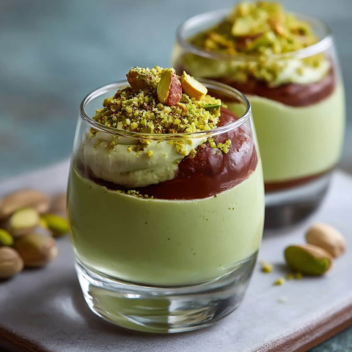 Pistachio mousse layered with chocolate and topped with crushed pistachios in clear glass cups.