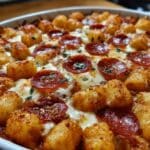 Cheesy pizza tater tot casserole topped with crispy golden tater tots, melted mozzarella, mini pepperoni slices, and fresh herbs, baked to bubbly perfection in a white casserole dish.
