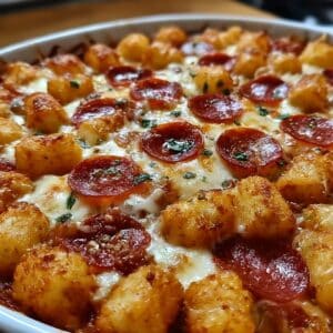 Cheesy pizza tater tot casserole topped with crispy golden tater tots, melted mozzarella, mini pepperoni slices, and fresh herbs, baked to bubbly perfection in a white casserole dish.