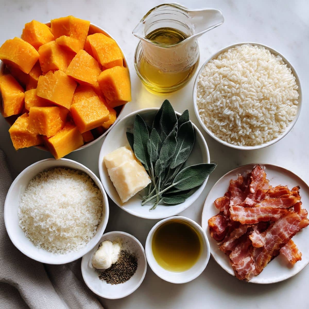 Creamy homemade pumpkin risotto topped with crispy bacon, Parmesan, and fresh sage