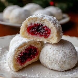 Homemade raspberry filled almond snowball cookies coated in powdered sugar with jam centers showing inside.