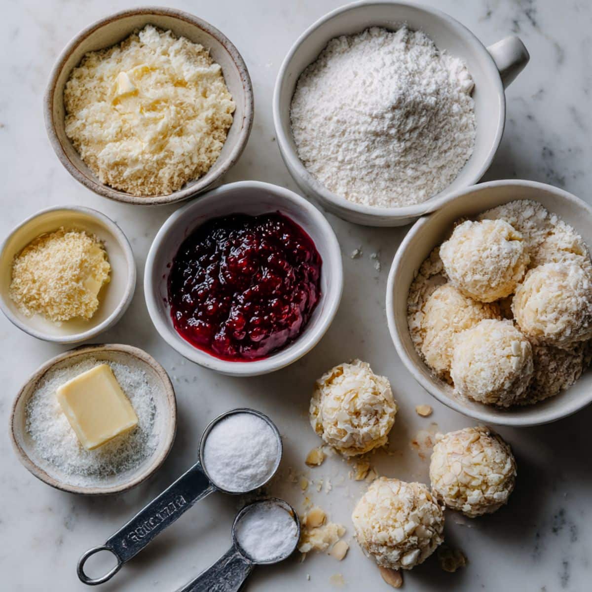 Overhead view of ingredients for raspberry filled almond snowball cookies on a white counter.