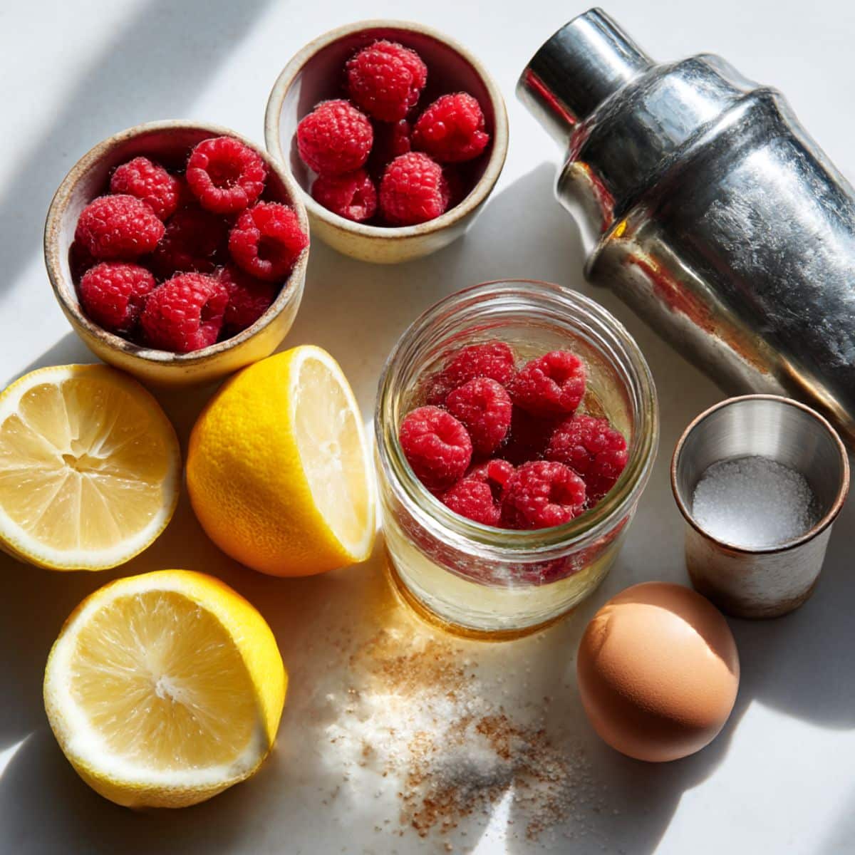 Fresh raspberries, lemon halves, egg, and bar tools for homemade raspberry gin sour cocktail on a white kitchen counter.