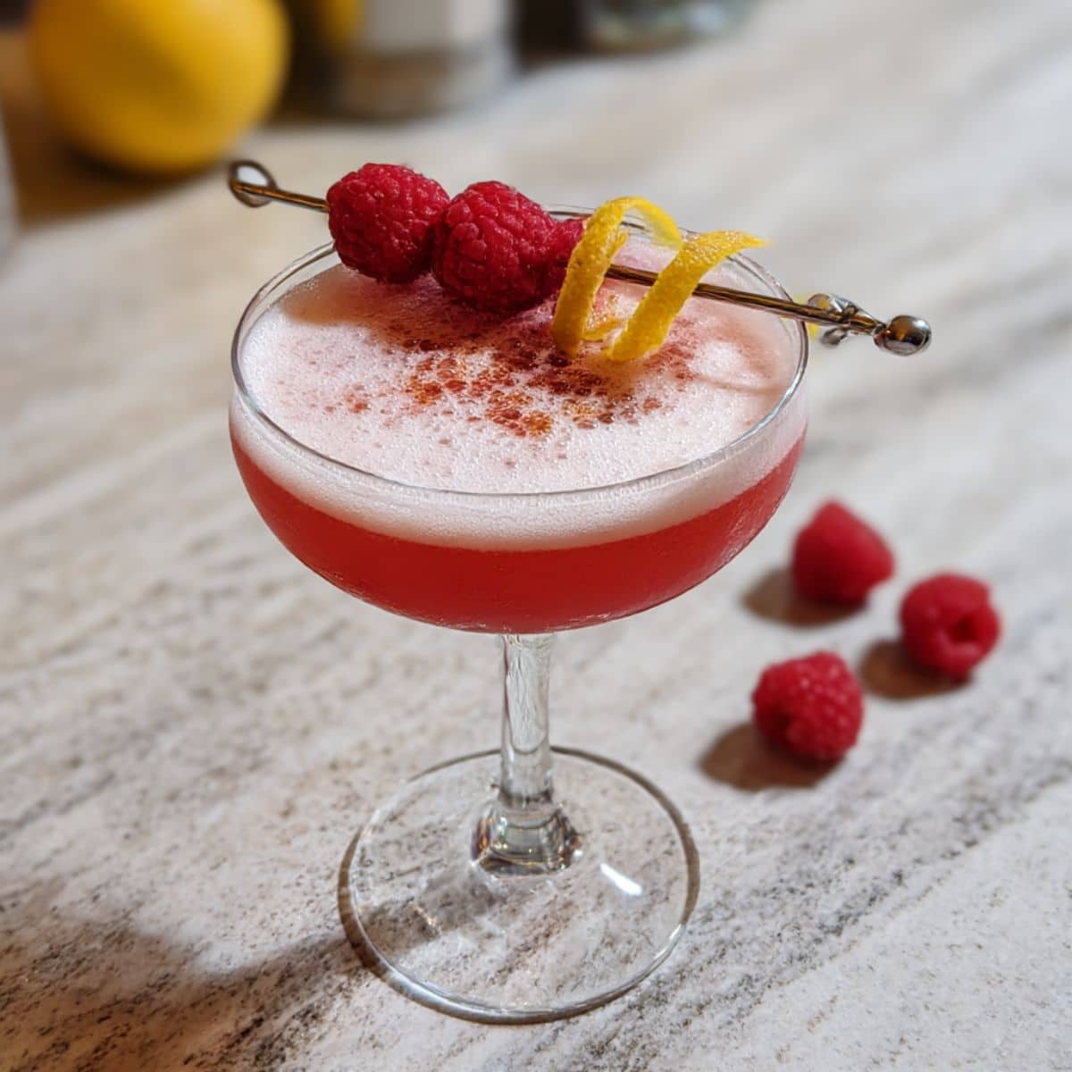 Raspberry gin sour cocktail in a coupe glass with frothy foam, garnished with raspberries and lemon twist on a marble counter.