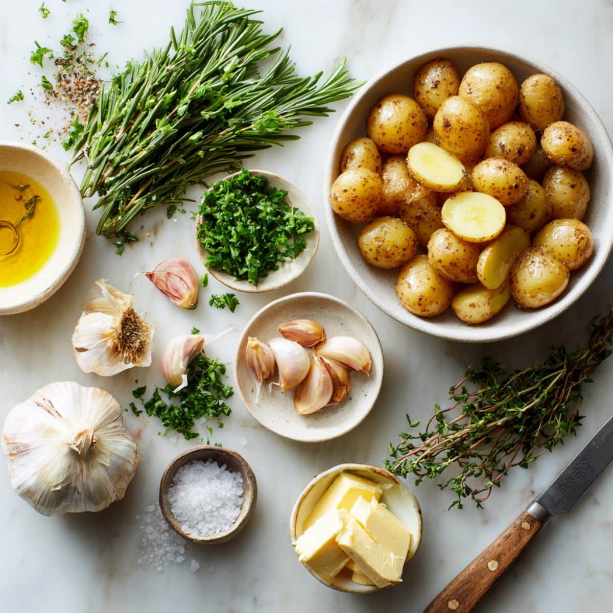 Ingredients for roasted baby potatoes on a white kitchen counter, including baby potatoes, olive oil, and fresh herbs.