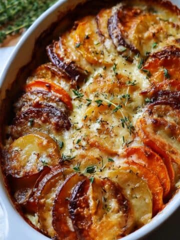 Root veggie gratin with golden melted cheese and thyme in a white baking dish.