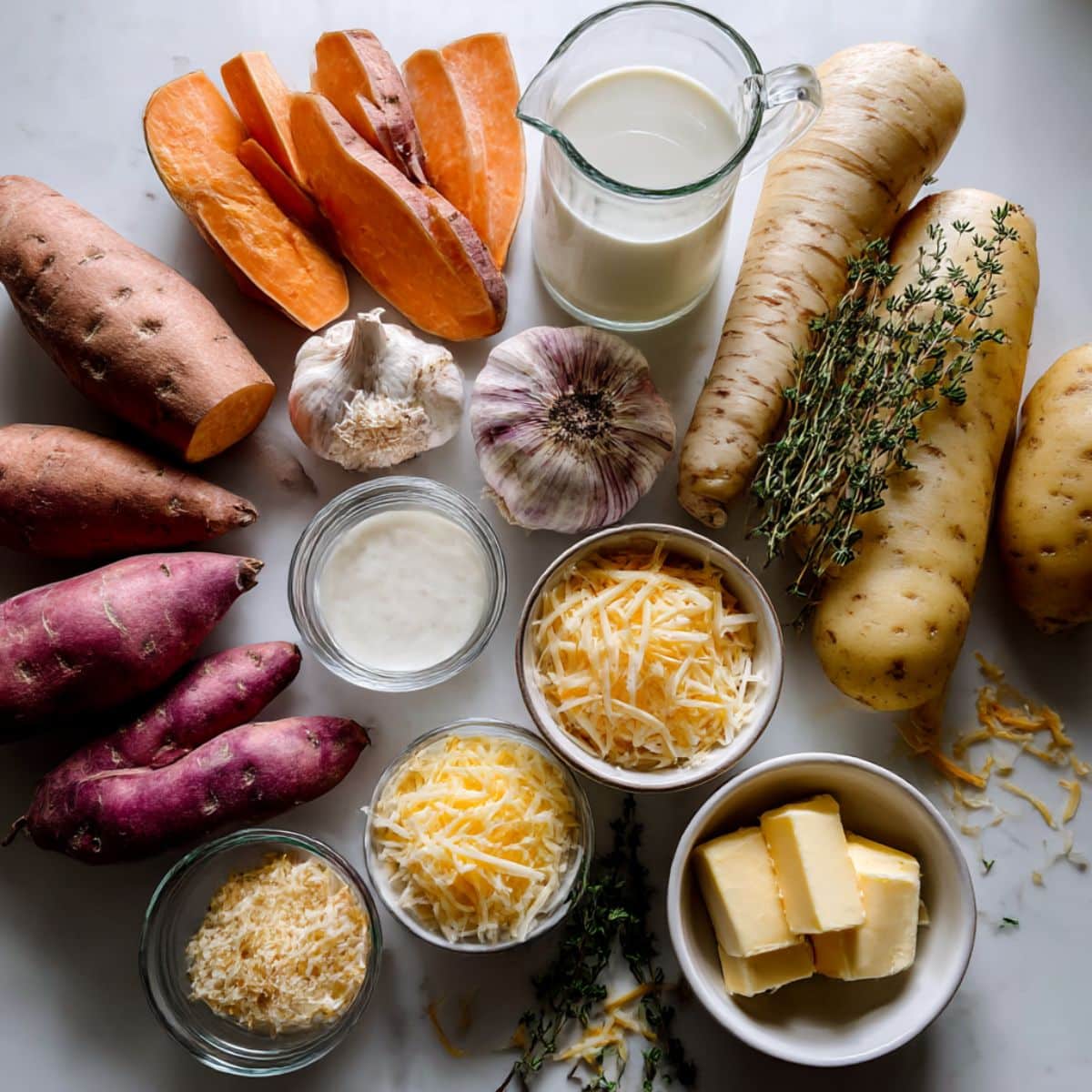 Fresh ingredients for homemade root veggie gratin including sweet potatoes, parsnips, turnips, cream, herbs, and cheese ready to cook.