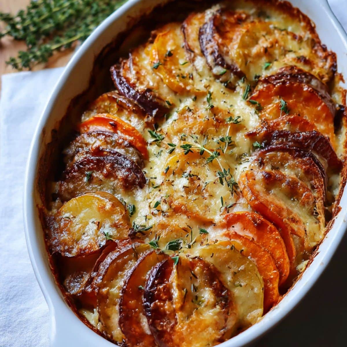 Root veggie gratin with golden melted cheese and thyme in a white baking dish.
