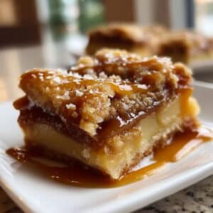 Gooey salted caramel apple bar with layers of buttery crust, apples, and dripping caramel.