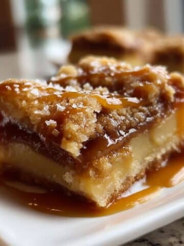Gooey salted caramel apple bar with layers of buttery crust, apples, and dripping caramel.