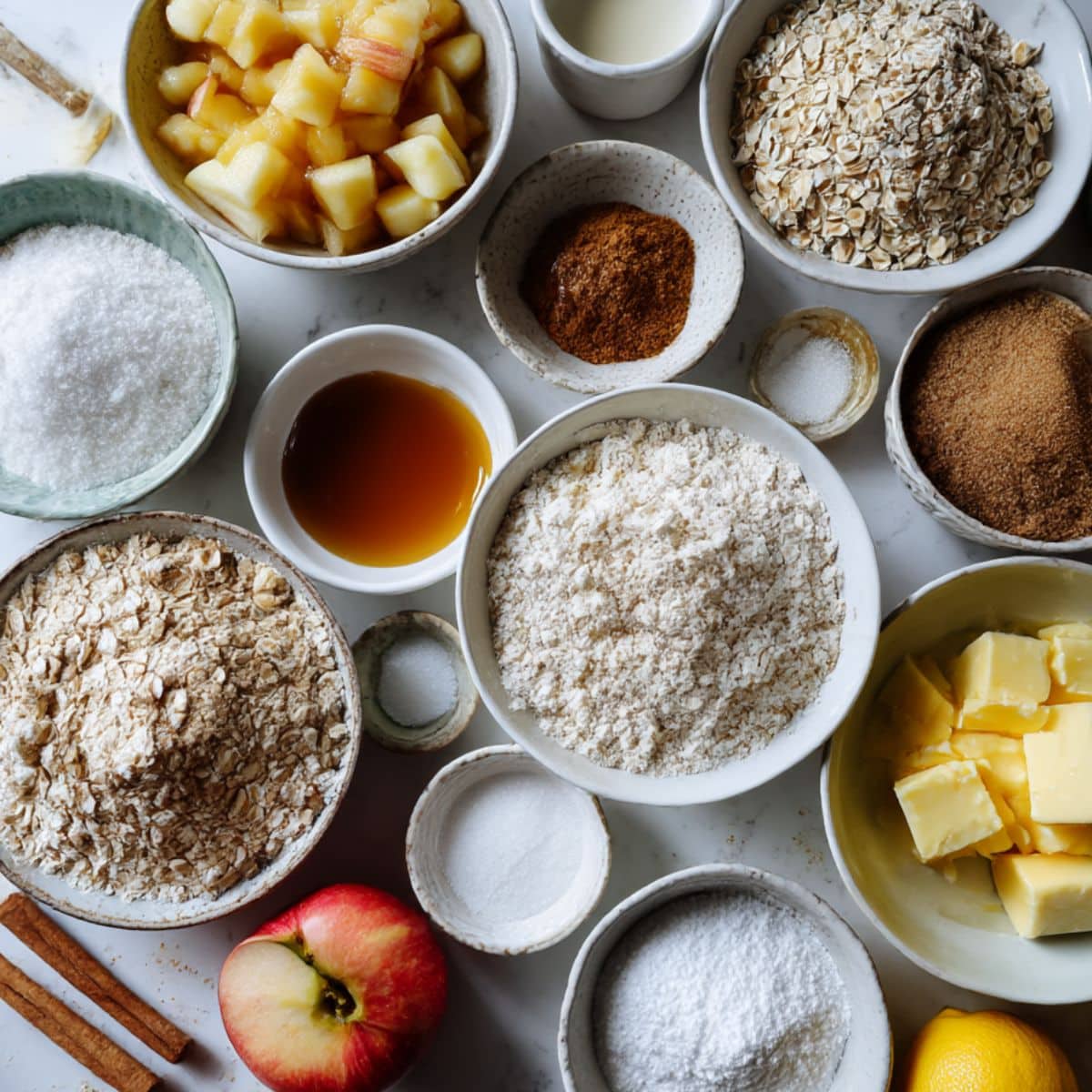 All ingredients for salted caramel apple bars laid out on a white kitchen counter, including apples, oats, flour, butter, sugar, cinnamon, and caramel essentials.