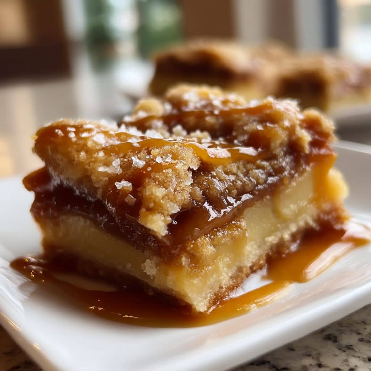 Gooey salted caramel apple bar with layers of buttery crust, apples, and dripping caramel.