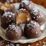 Homemade salted caramel truffles coated in dark chocolate and topped with sea salt.