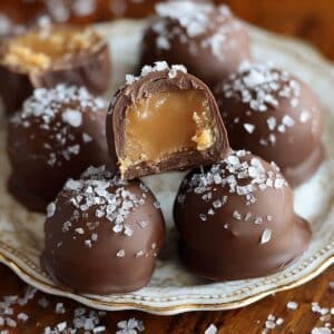 Homemade salted caramel truffles coated in dark chocolate and topped with sea salt.