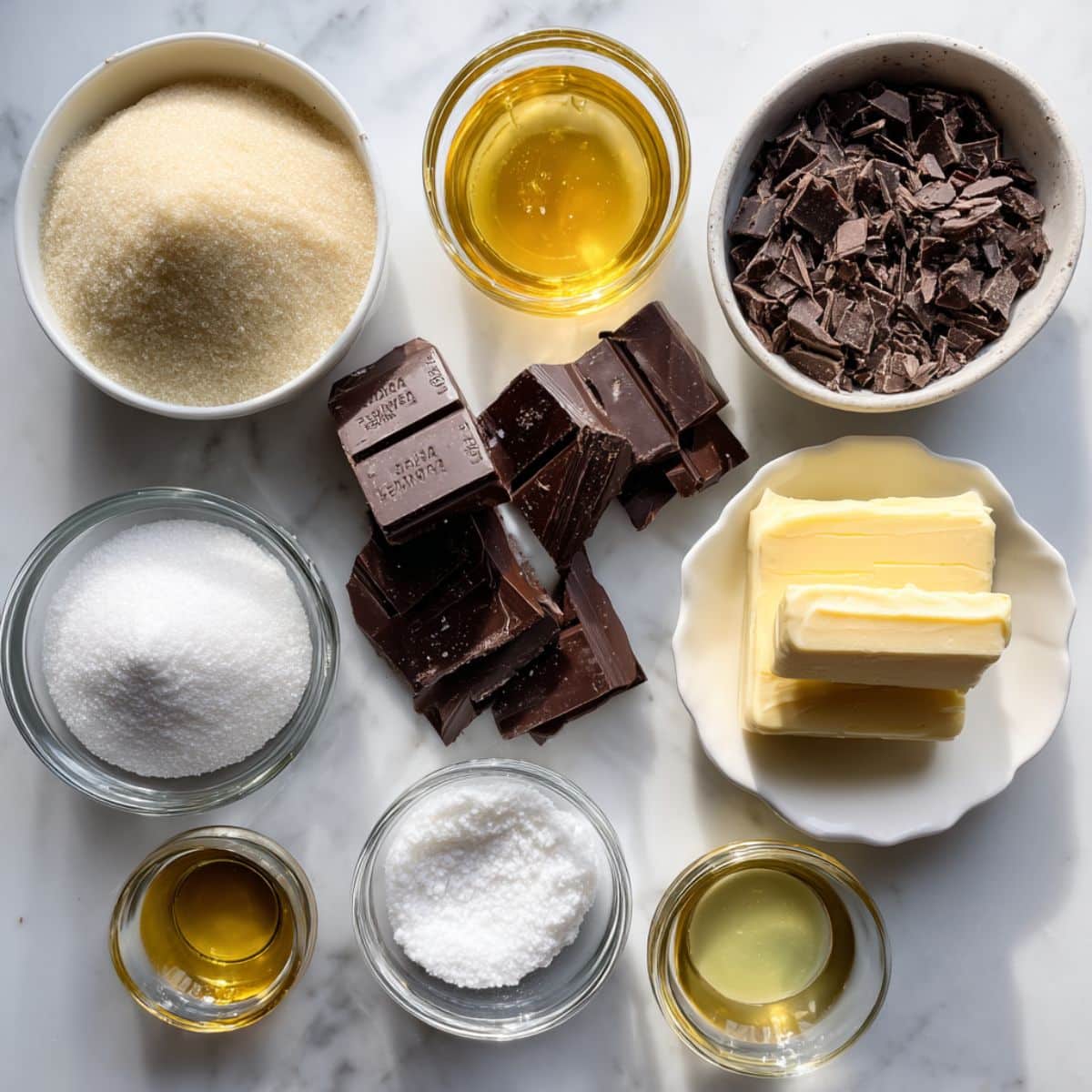Ingredients for homemade salted caramel truffles on a white counter including butter, sugar, dark chocolate, and sea salt ready for rich caramel filling.