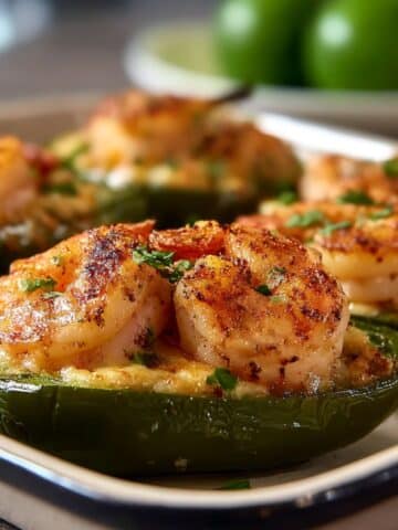 Baked shrimp stuffed jalapeño peppers filled with creamy cheese and topped with seared Cajun shrimp, garnished with herbs and lime.