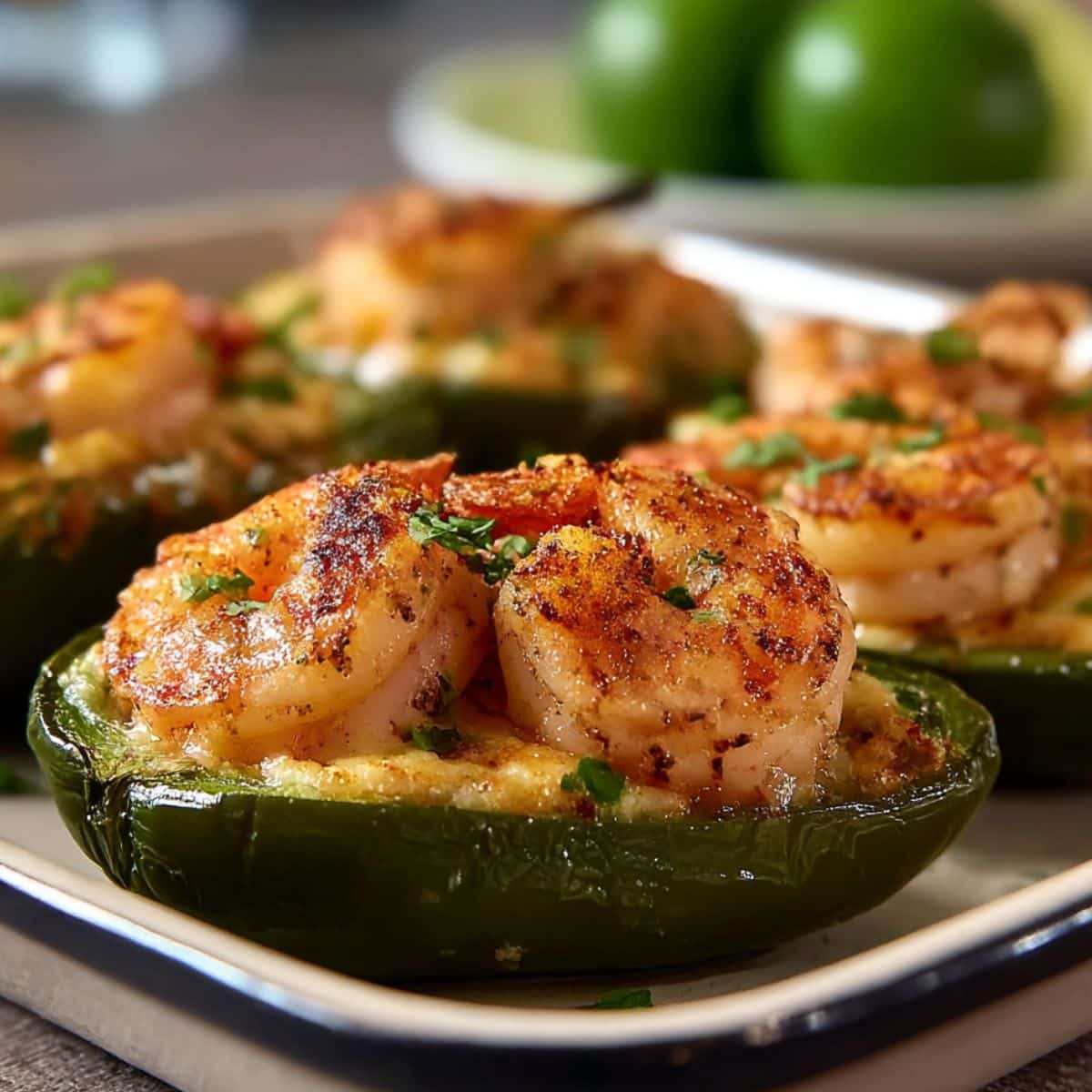 Baked shrimp stuffed jalapeño peppers filled with creamy cheese and topped with seared Cajun shrimp, garnished with herbs and lime.