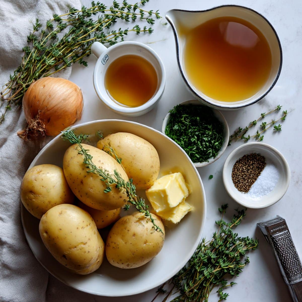 Ingredients for slow cooker Lipton onion potatoes including Yukon golds, butter, soup mix, and herbs.