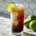 Homemade Sonic dirty soda with creamy coconut swirls, ice, and a lime slice on top.