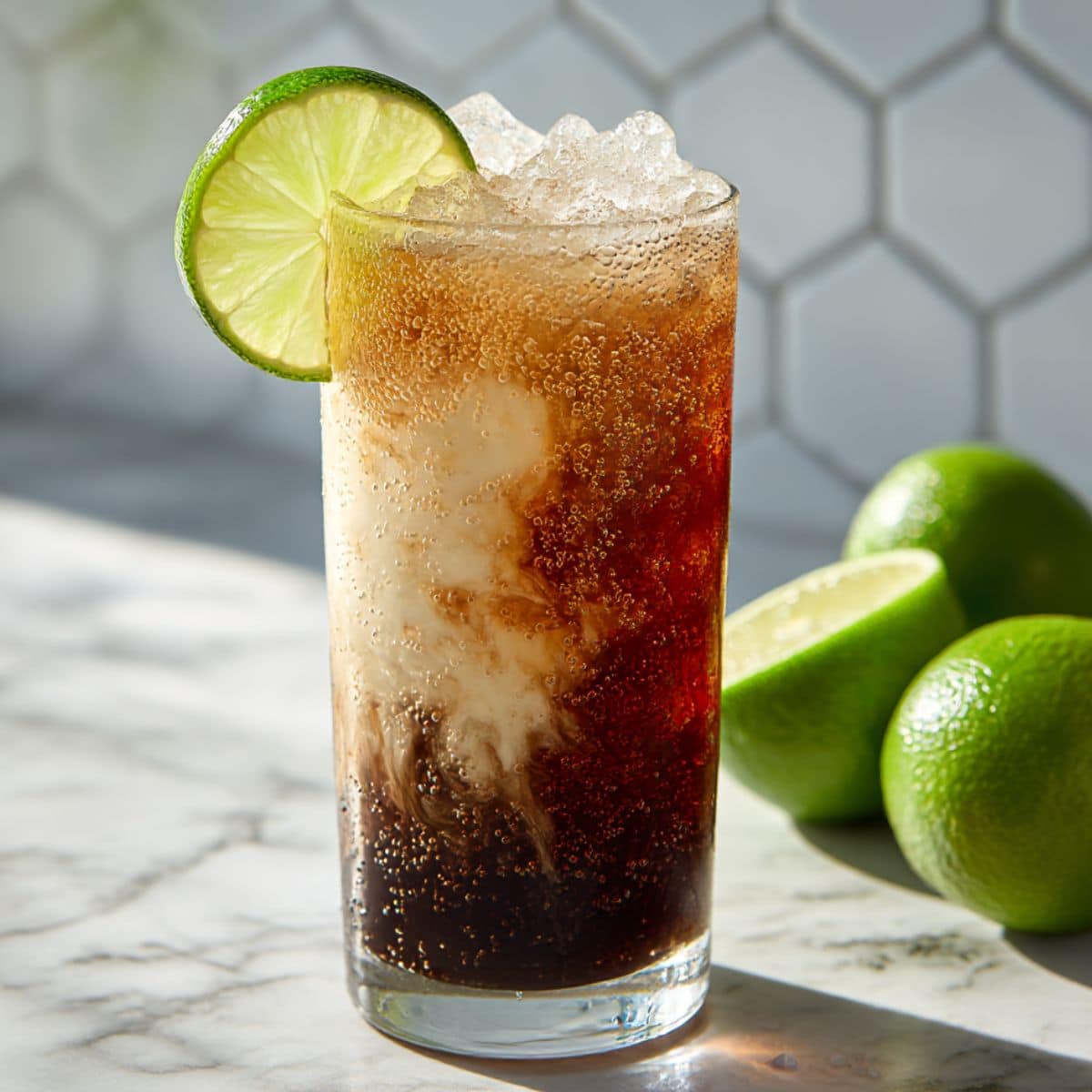 Homemade Sonic dirty soda with creamy coconut swirls, ice, and a lime slice on top.