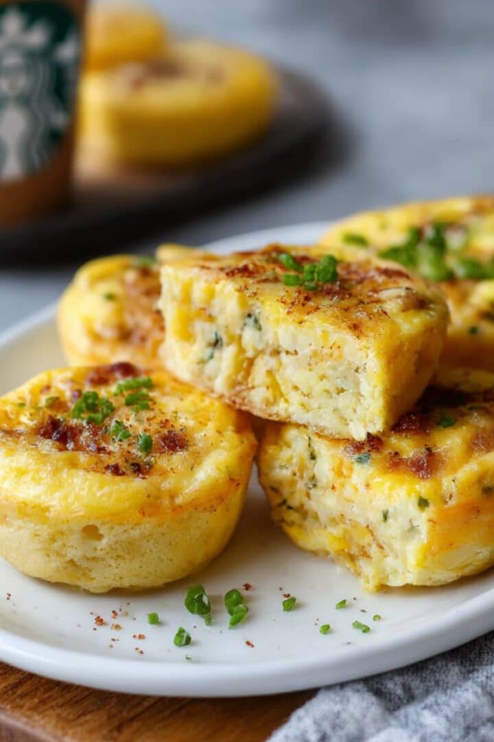 Fluffy copycat Starbucks egg bites with bacon and Gruyere cheese stacked on white plate, easy homemade high protein breakfast recipe