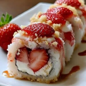 Homemade strawberry shortcake sushi rolls filled with cream cheese and fresh strawberries, topped with crushed graham crackers and strawberry sauce.