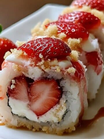 Homemade strawberry shortcake sushi rolls filled with cream cheese and fresh strawberries, topped with crushed graham crackers and strawberry sauce.