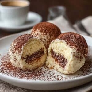 Creamy tiramisu truffles coated in cocoa powder with espresso layers inside.