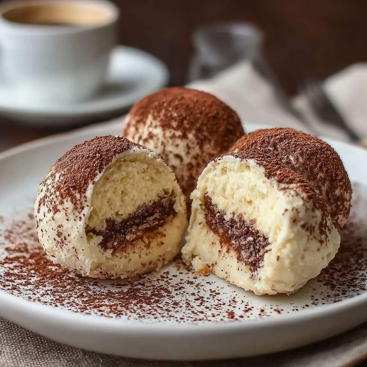Creamy tiramisu truffles coated in cocoa powder with espresso layers inside.