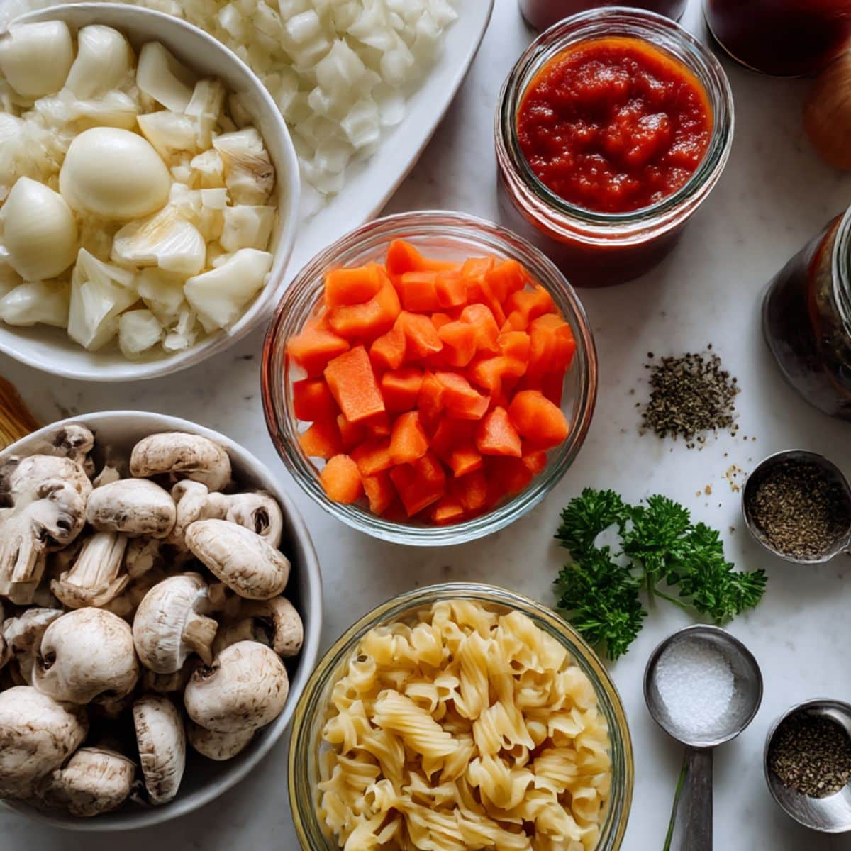 Ingredients for vegetarian goulash including pasta, bell peppers, mushrooms, tomatoes, paprika, soy sauce, and fresh herbs on a white kitchen counter.