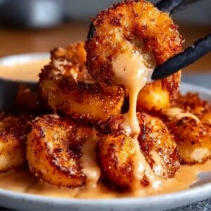 Golden crispy Marry me shrimps coated in creamy sauce with garlic and parmesan richness.