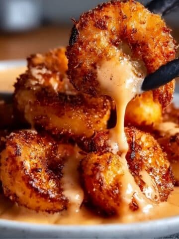 Golden crispy Marry me shrimps coated in creamy sauce with garlic and parmesan richness.