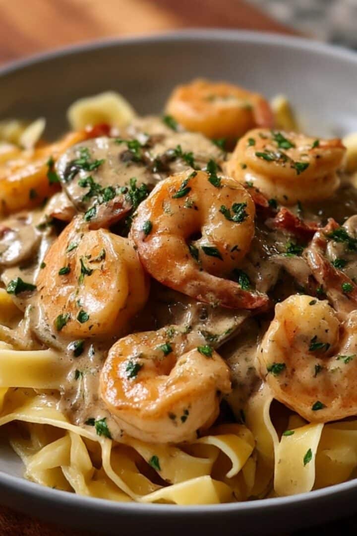 Homemade blackened shrimp stroganoff served over egg noodles with creamy Cajun sauce.