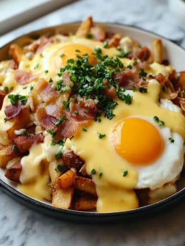 Homemade breakfast poutine topped with crispy fries, creamy hollandaise sauce, bacon, and sunny-side-up eggs.