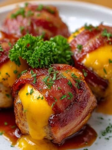 Cheddar stuffed BBQ bacon bombs wrapped in crispy bacon with melted cheddar oozing out and fresh parsley on top.