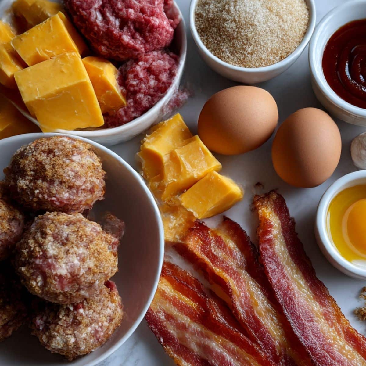 Ingredients for cheddar stuffed BBQ bacon bombs laid out on a white counter, including ground beef, sausage, cheddar, bacon, BBQ sauce, and seasonings.