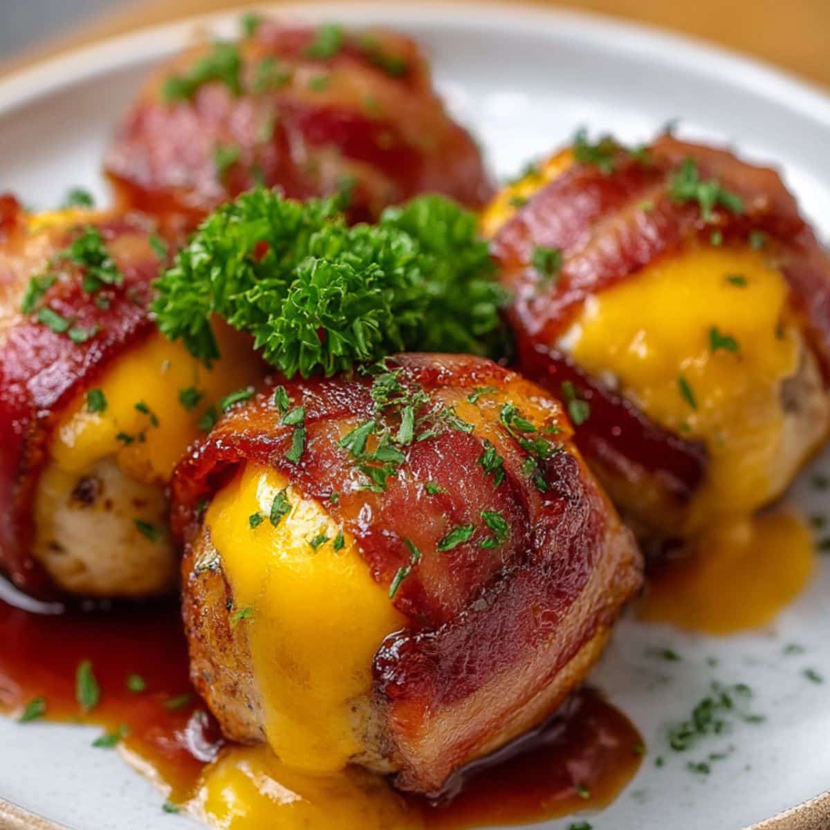 Cheddar stuffed BBQ bacon bombs wrapped in crispy bacon with melted cheddar oozing out and fresh parsley on top.