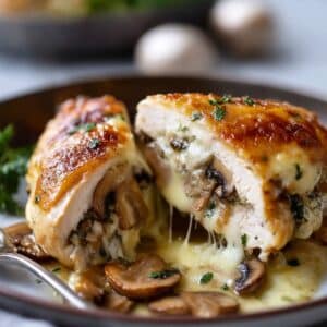 Cheesy garlic butter mushroom stuffed chicken breast cut open to show melty cheese and sautéed mushrooms on a plate.