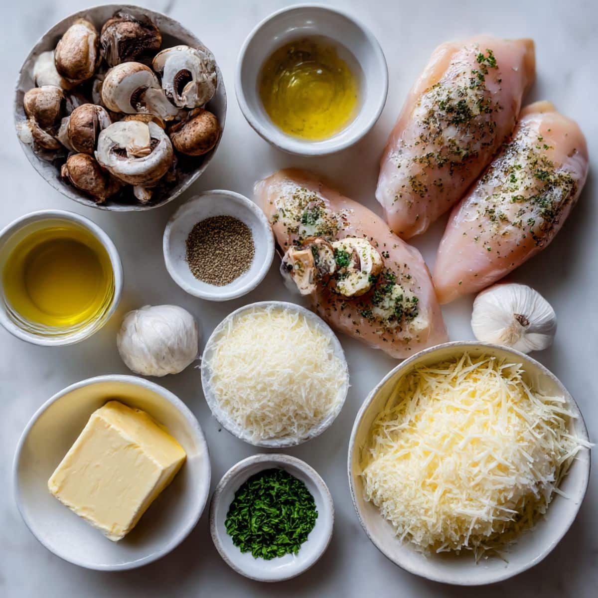 All ingredients for cheesy garlic butter mushroom stuffed chicken arranged on a white counter.