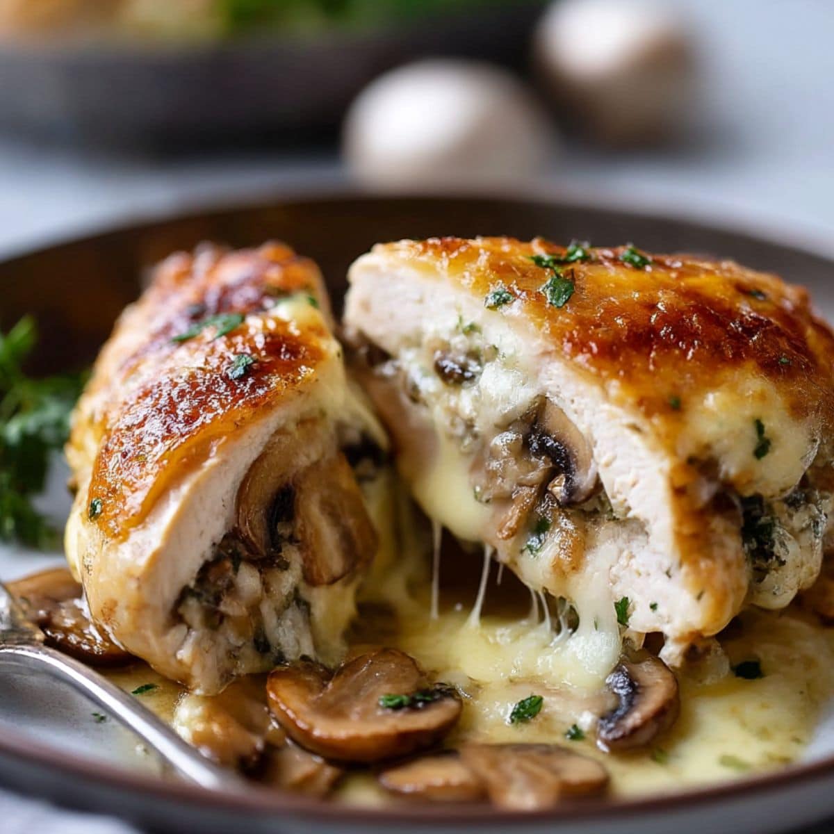 Cheesy garlic butter mushroom stuffed chicken breast cut open to show melty cheese and sautéed mushrooms on a plate.