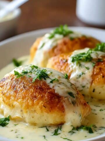 Golden baked chicken pillows topped with creamy Parmesan sauce and fresh parsley.