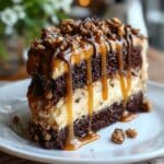 Decadent chocolate caramel toffee cake slice dripping with rich caramel and chocolate sauce