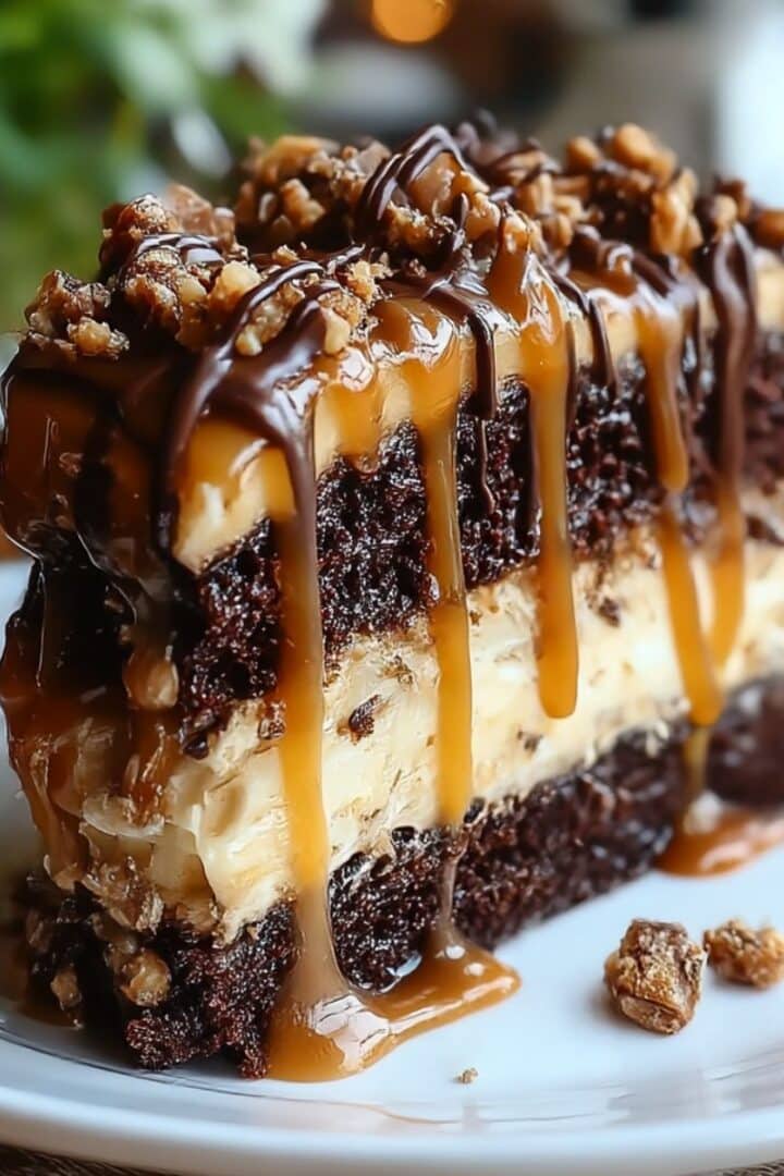 Decadent chocolate caramel toffee cake slice dripping with rich caramel and chocolate sauce