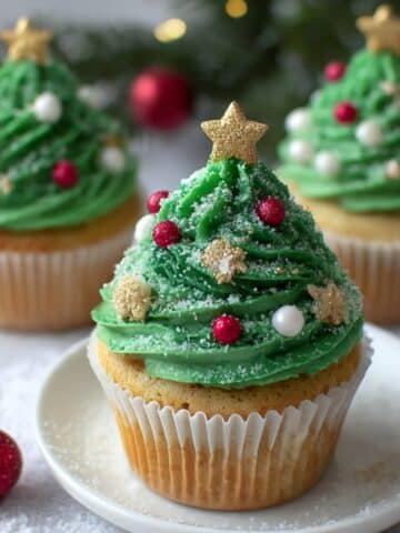 Homemade Christmas tree cupcakes decorated with green buttercream swirls, sprinkles, and gold star toppers.