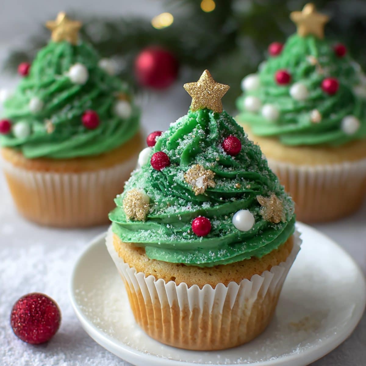 Homemade Christmas tree cupcakes decorated with green buttercream swirls, sprinkles, and gold star toppers.