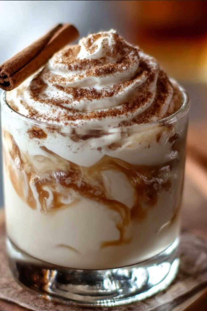 Creamy cinnamon roll cocktail with caramel swirls, whipped cream, and cinnamon dusting, topped with a cinnamon stick.