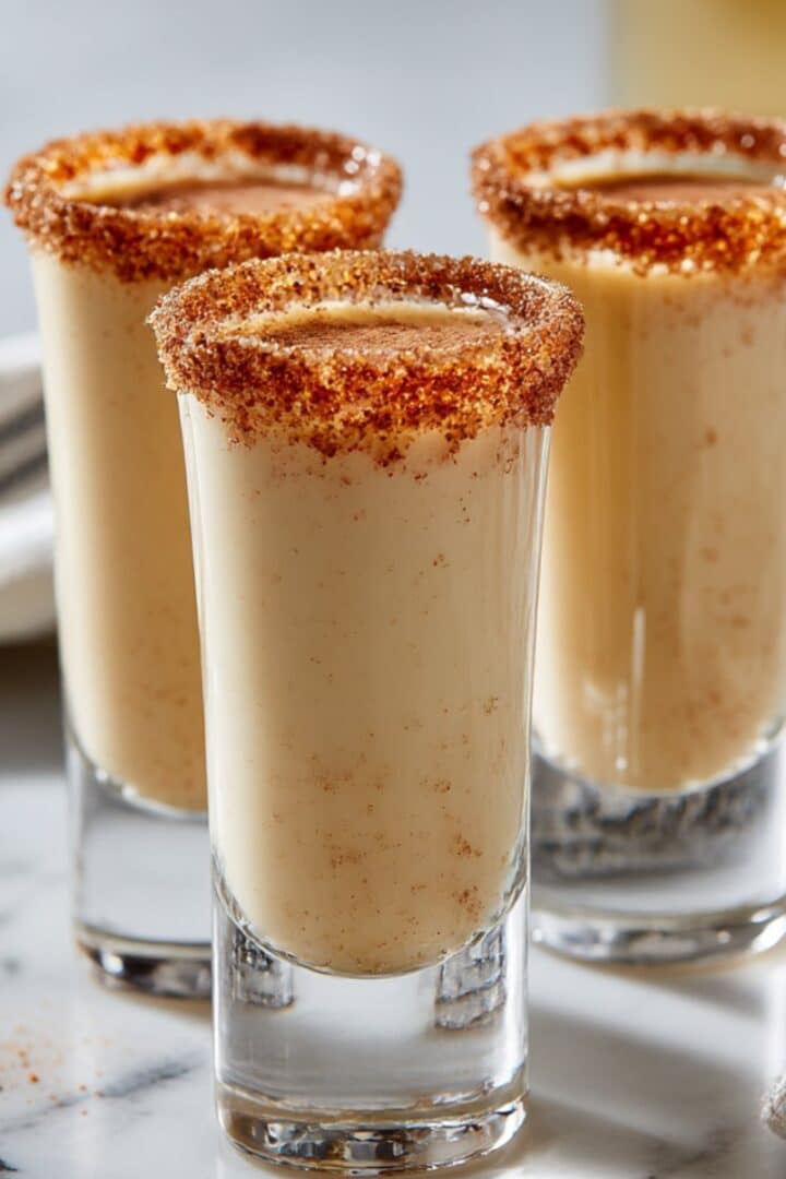 Creamy Cinnamon Toast Crunch shots with cinnamon sugar rims on a white marble counter.